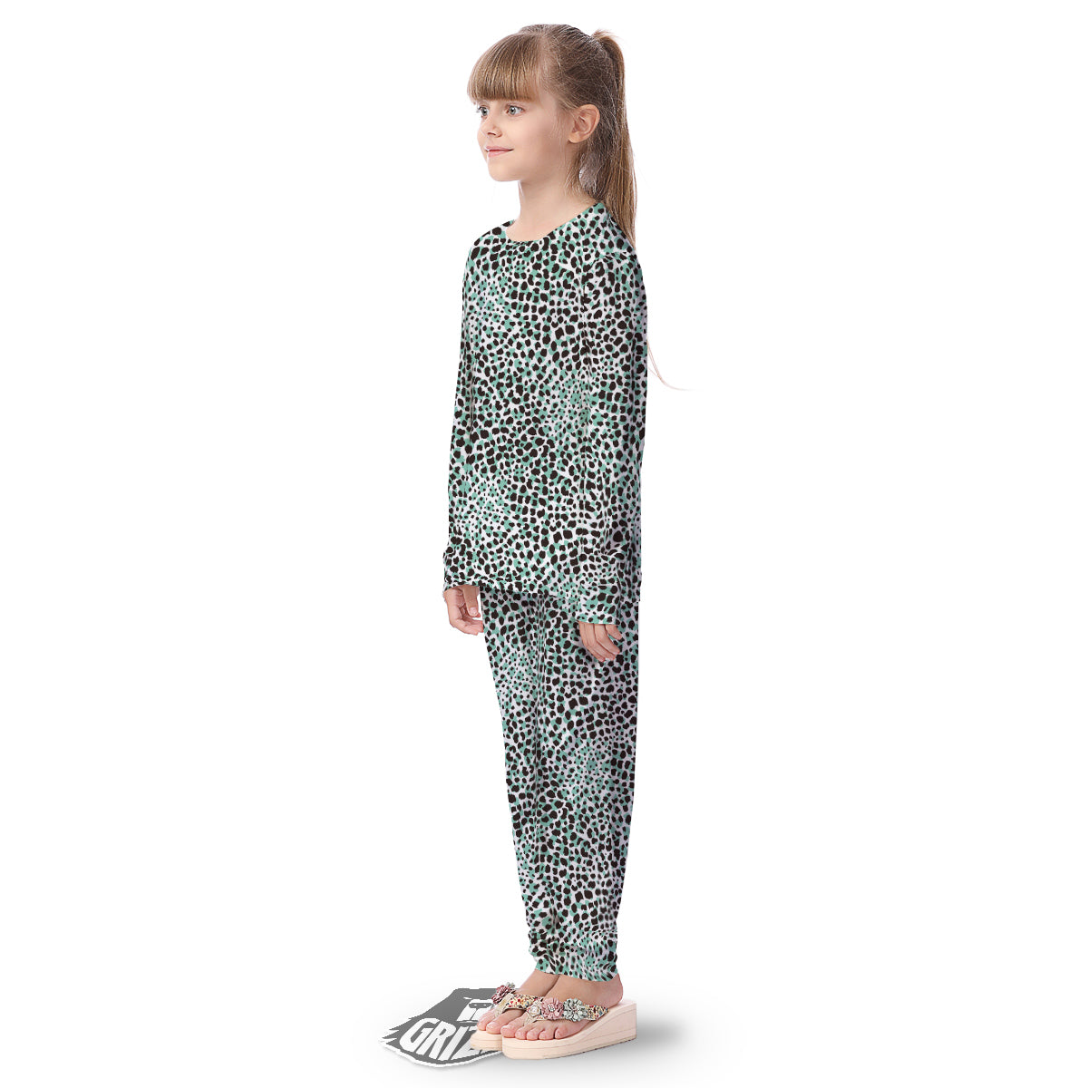 Leopard Teal And White Print Pattern Kid's Pajamas-grizzshop