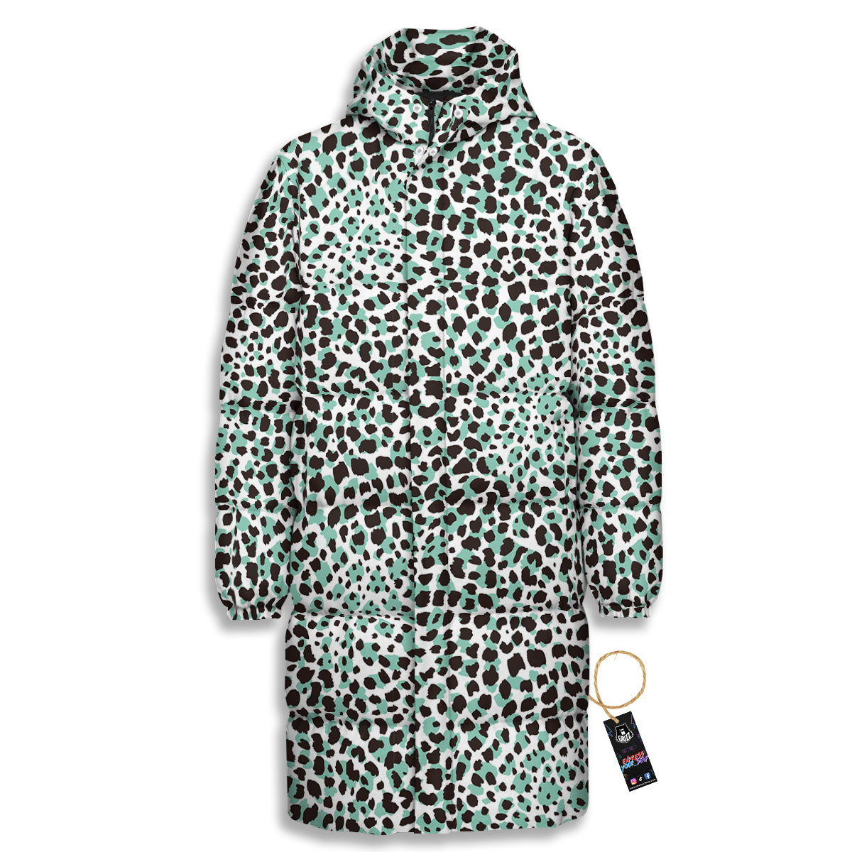Leopard Teal And White Print Pattern Long Down Jacket-grizzshop