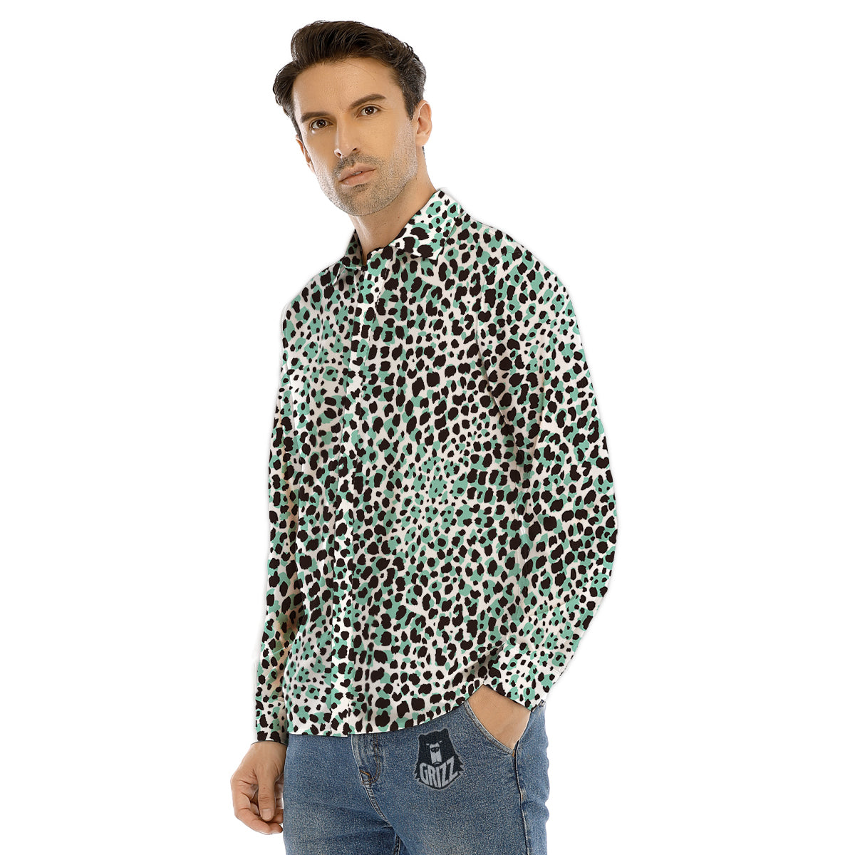 Leopard Teal And White Print Pattern Men's Dress Shirts-grizzshop