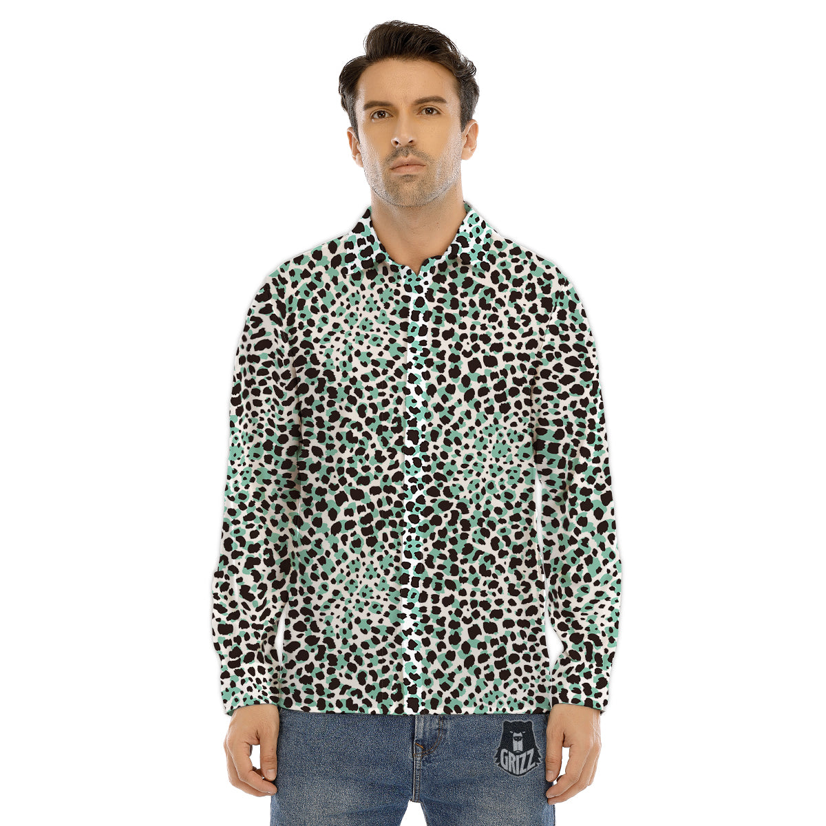 Leopard Teal And White Print Pattern Men's Dress Shirts-grizzshop