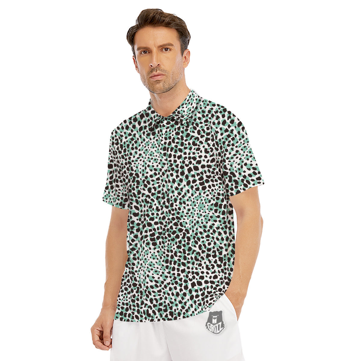 Leopard Teal And White Print Pattern Men's Golf Shirts-grizzshop
