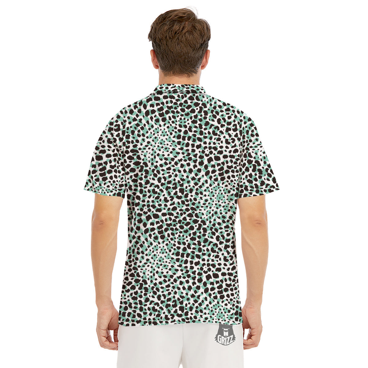 Leopard Teal And White Print Pattern Men's Golf Shirts-grizzshop