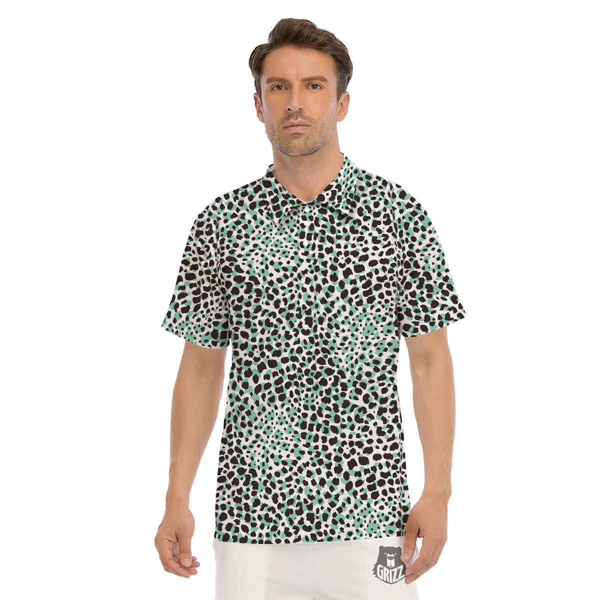 Leopard Teal And White Print Pattern Men's Golf Shirts-grizzshop