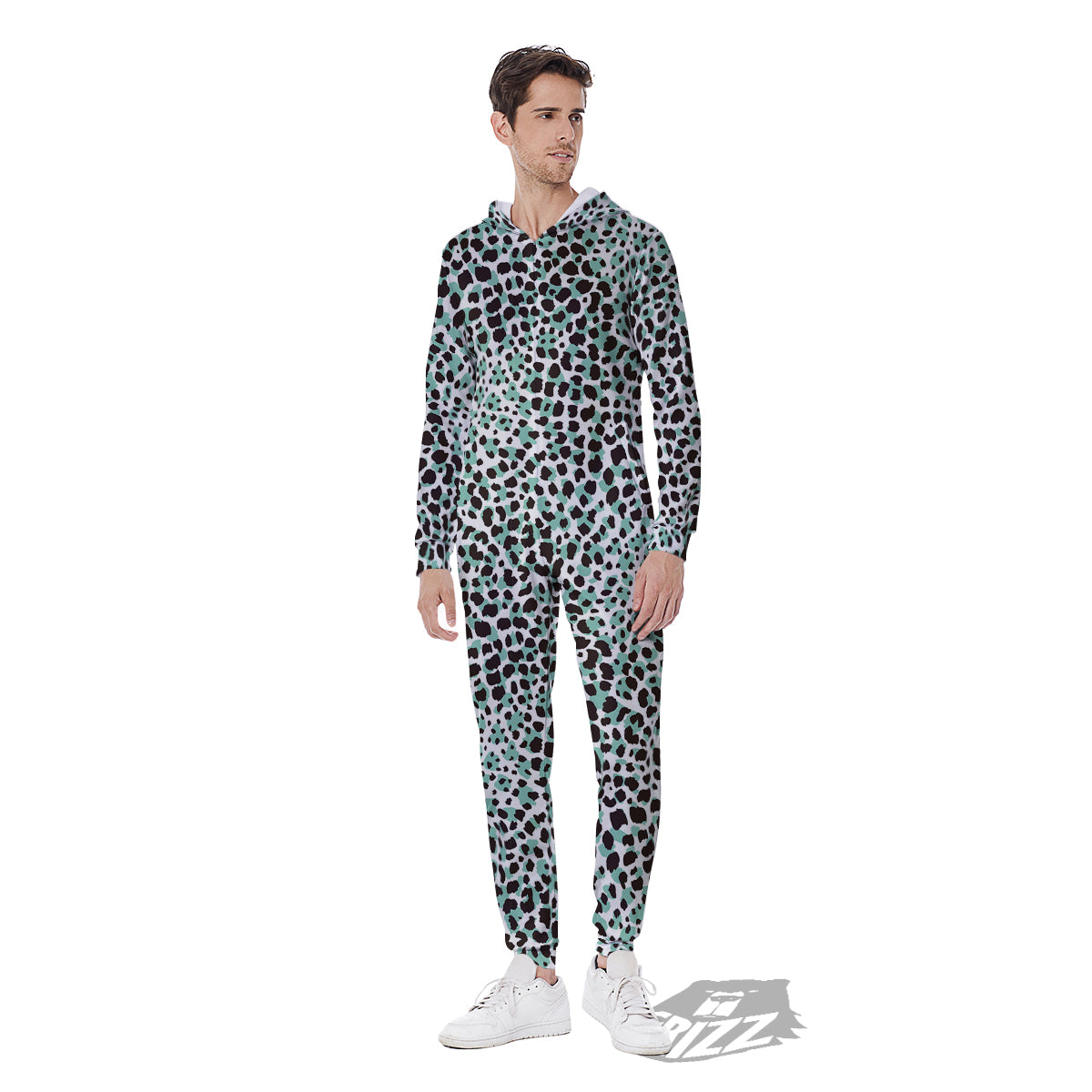 Leopard Teal And White Print Pattern Men's Jumpsuit-grizzshop