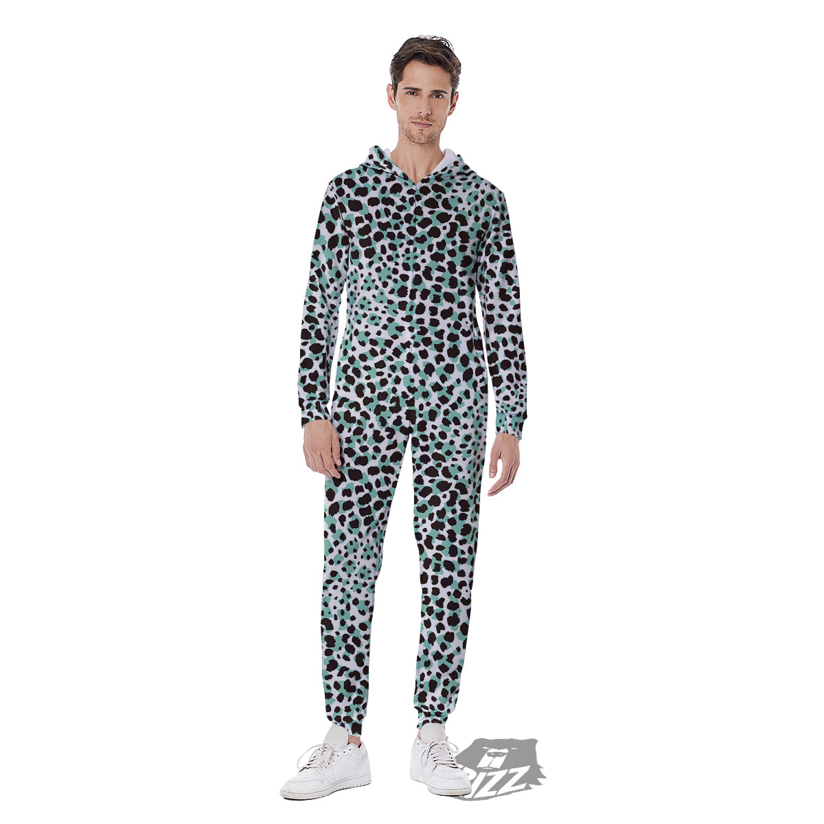 Leopard Teal And White Print Pattern Men's Jumpsuit-grizzshop