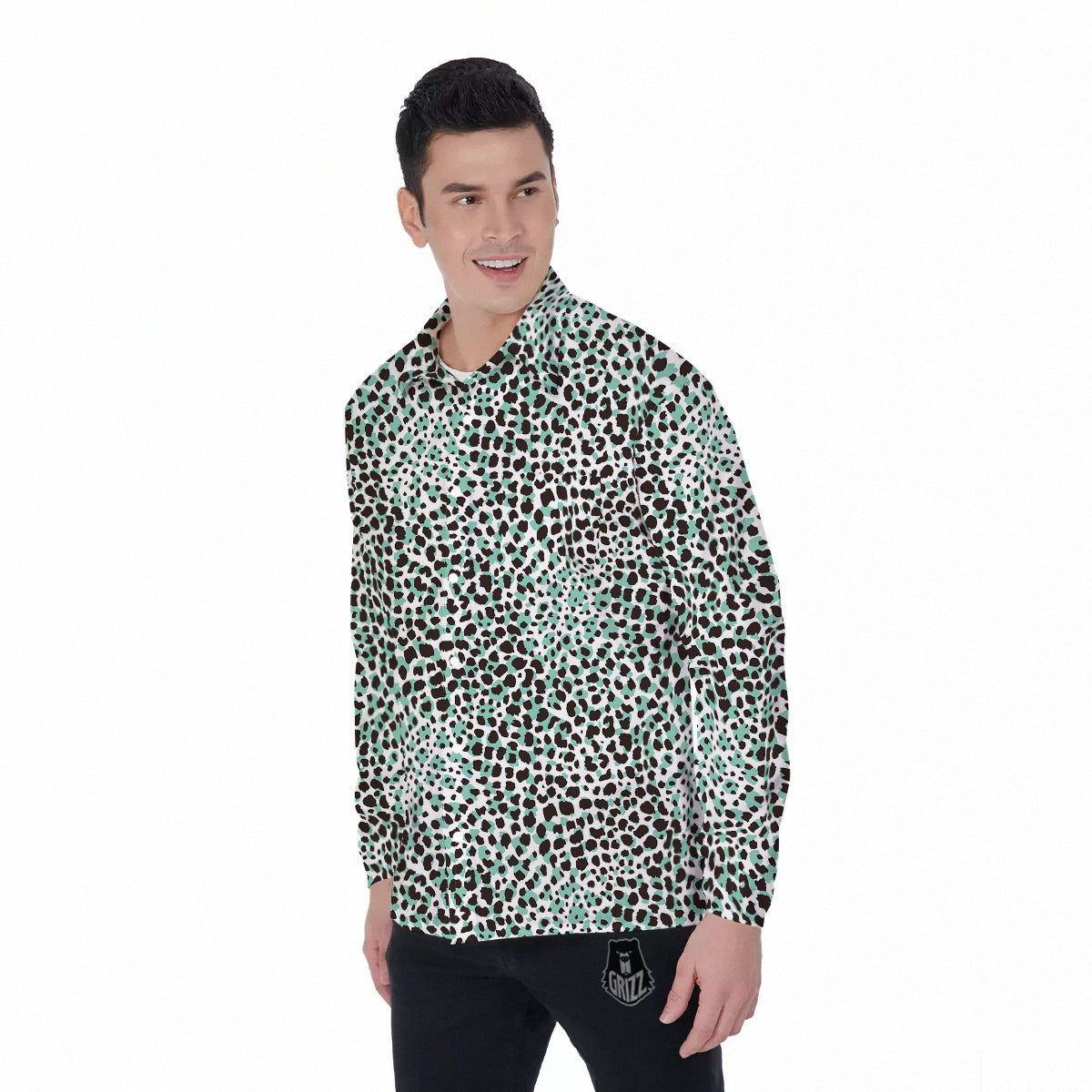 Leopard Teal And White Print Pattern Men's Long Sleeve Shirts-grizzshop