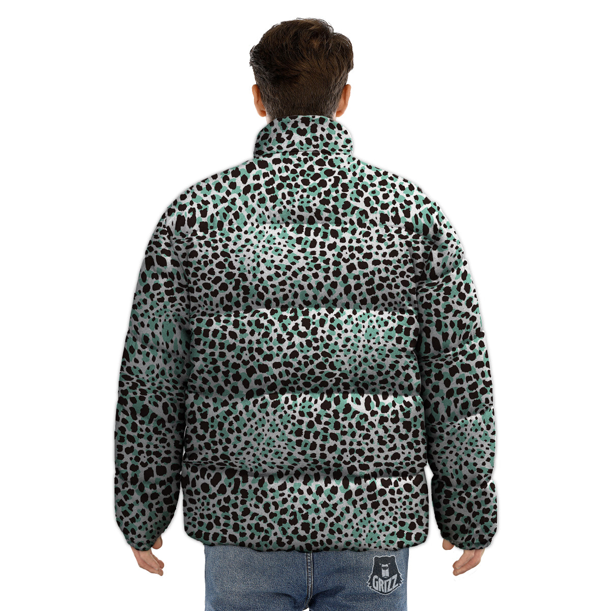 Leopard Teal And White Print Pattern Puffer Jacket-grizzshop