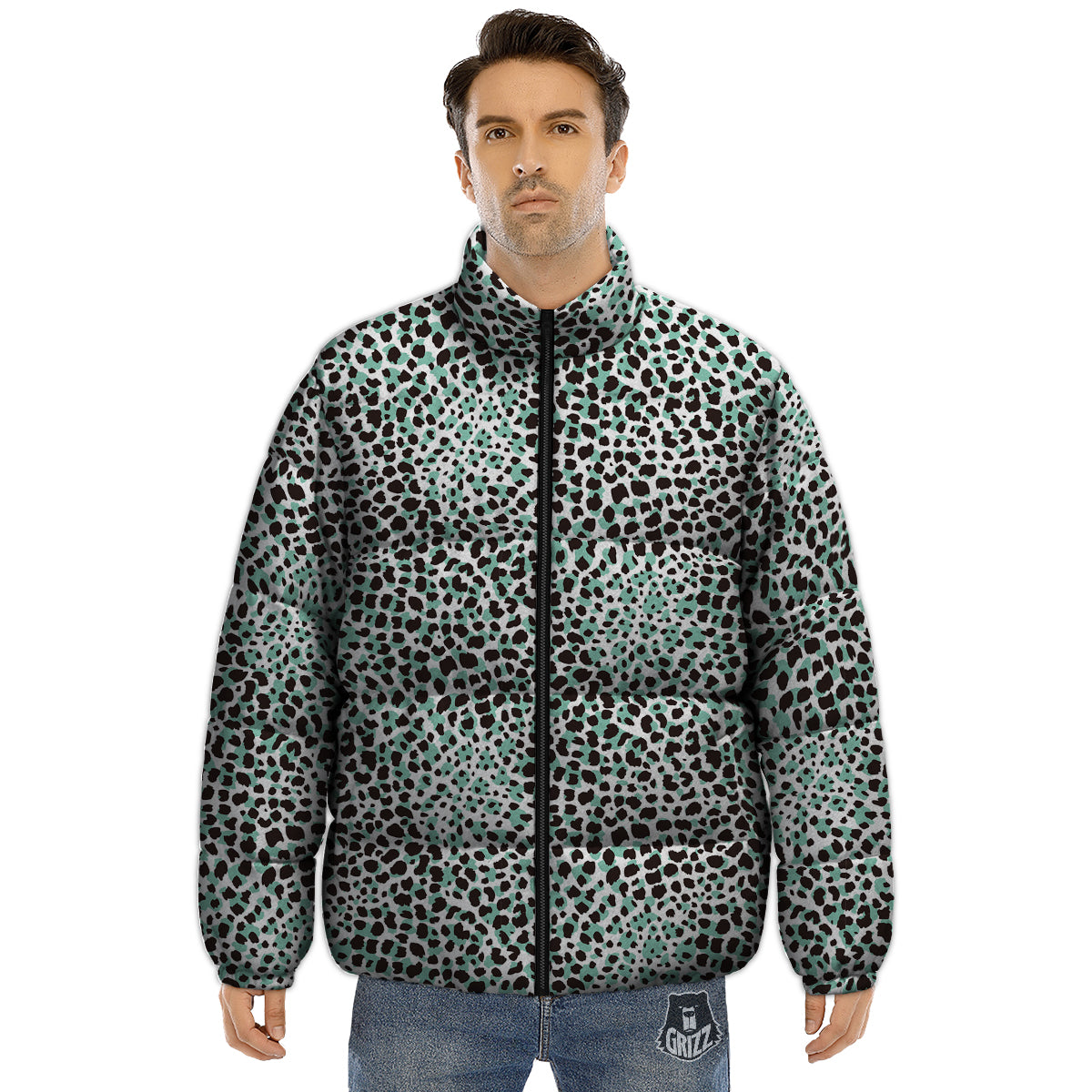 Leopard Teal And White Print Pattern Puffer Jacket-grizzshop
