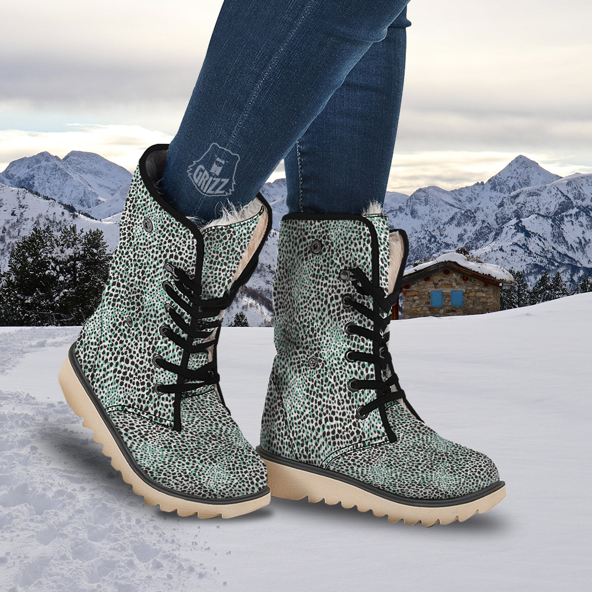 Leopard Teal And White Print Pattern Snow Boots-grizzshop
