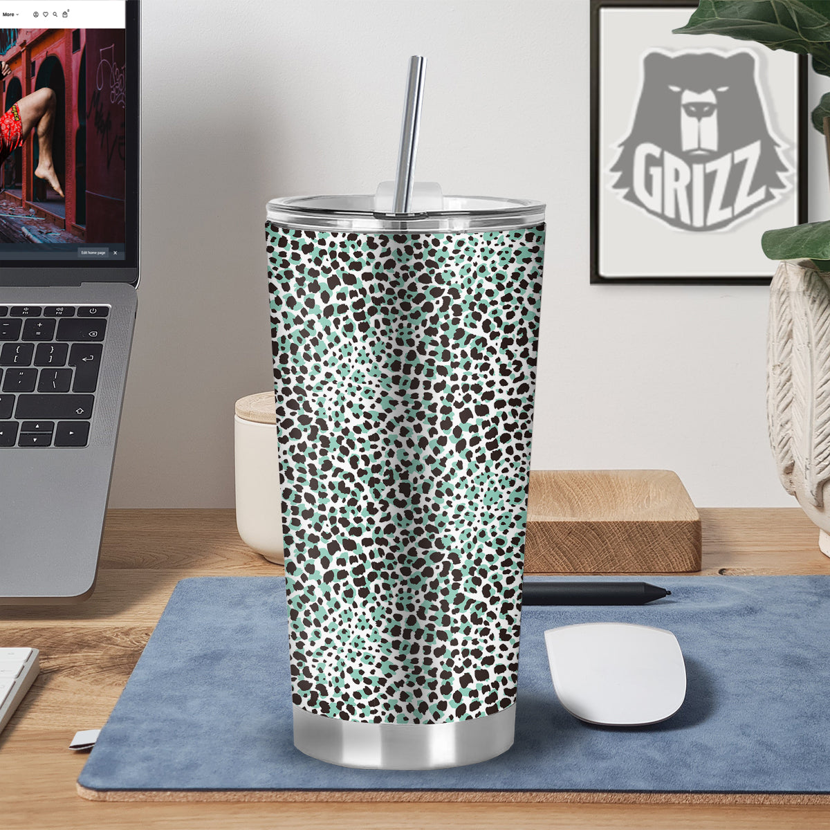 Leopard Teal And White Print Pattern Tumbler-grizzshop