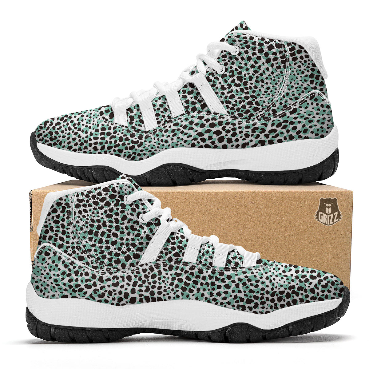 Leopard Teal And White Print Pattern White Bball Shoes-grizzshop
