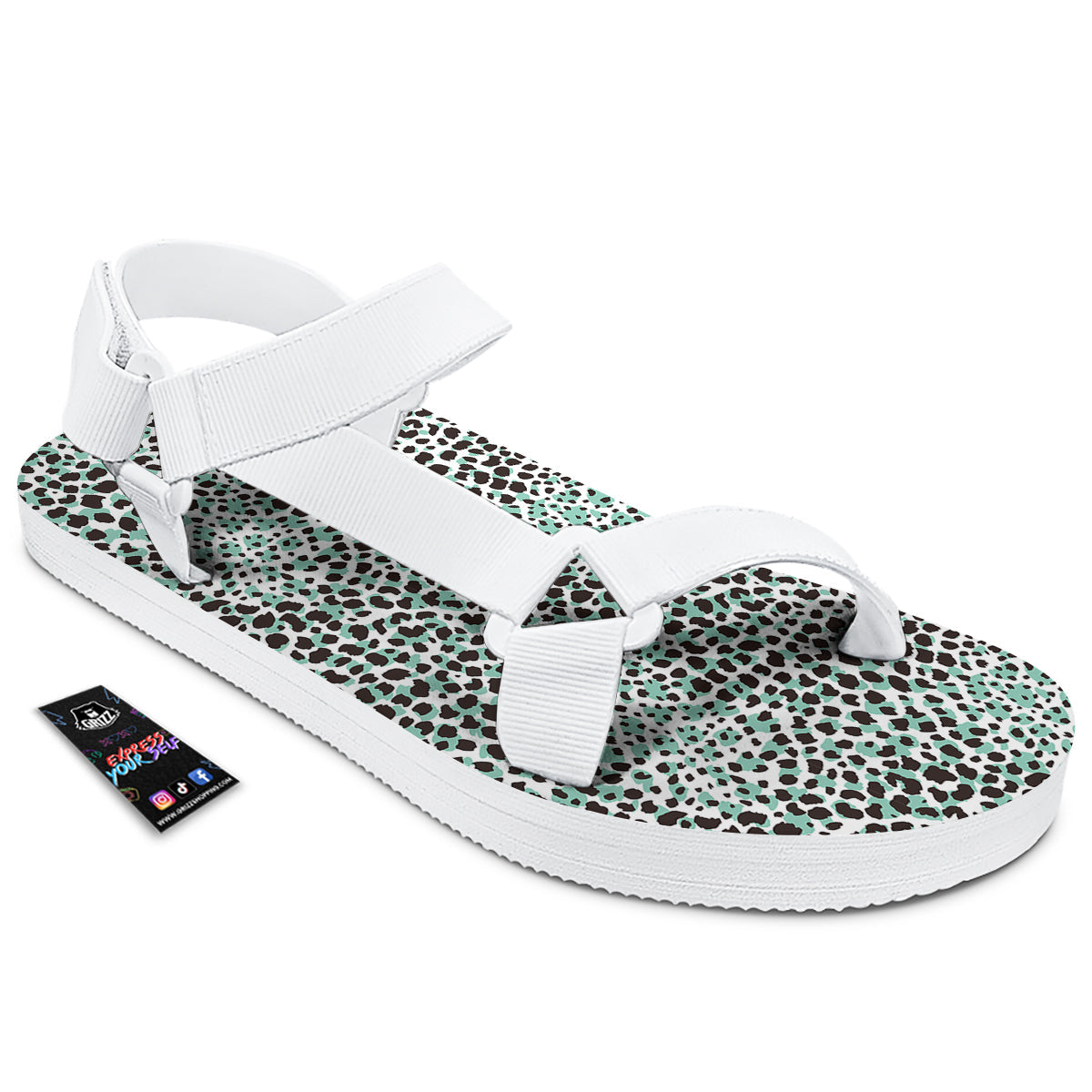 Leopard Teal And White Print Pattern White Open Toe Sandals-grizzshop