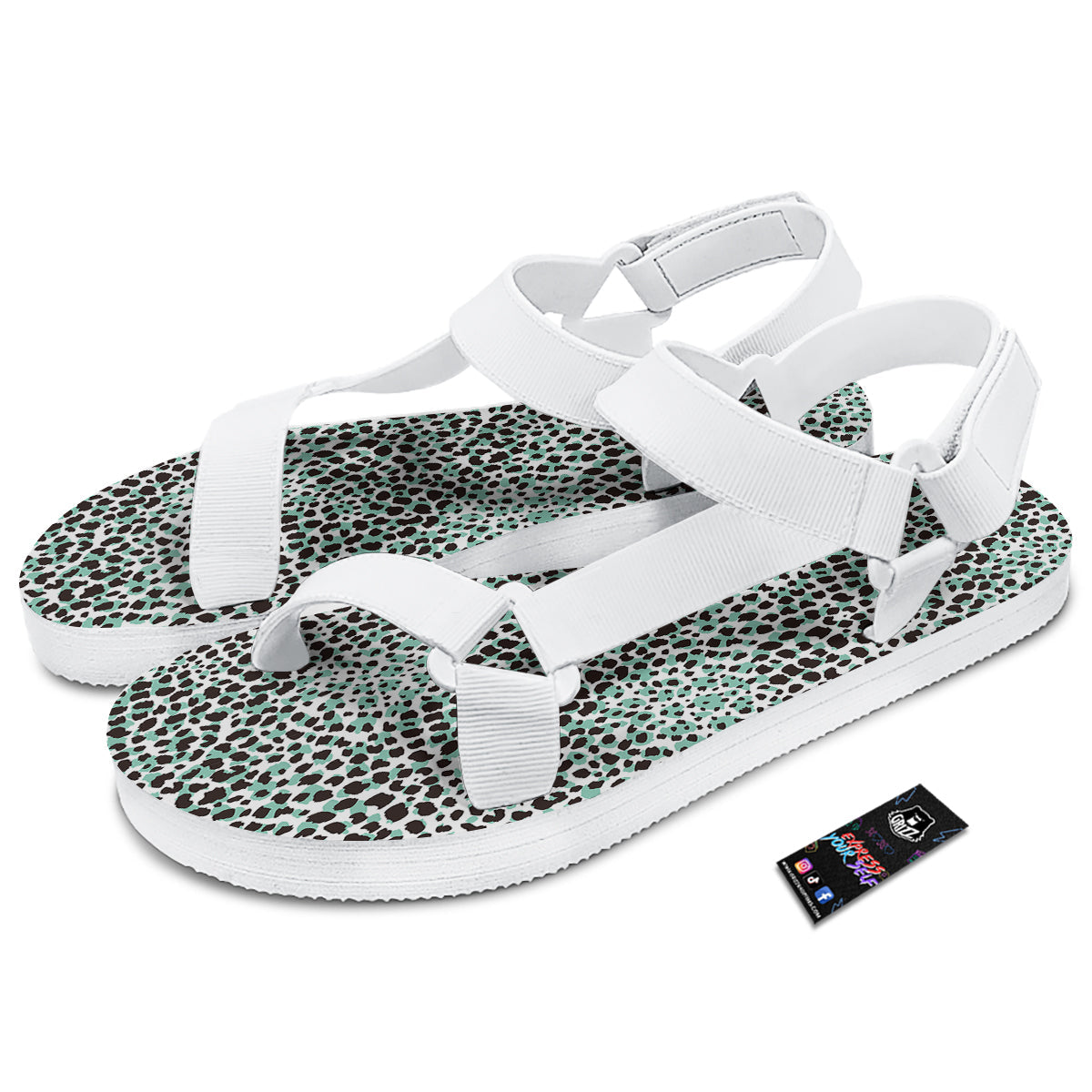 Leopard Teal And White Print Pattern White Open Toe Sandals-grizzshop