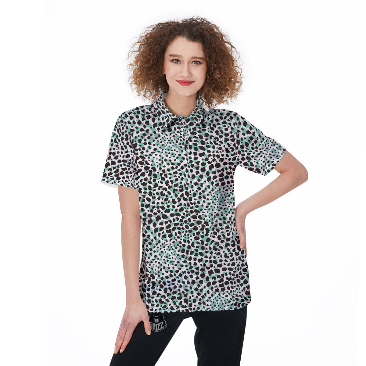 Leopard Teal And White Print Pattern Women's Golf Shirts-grizzshop