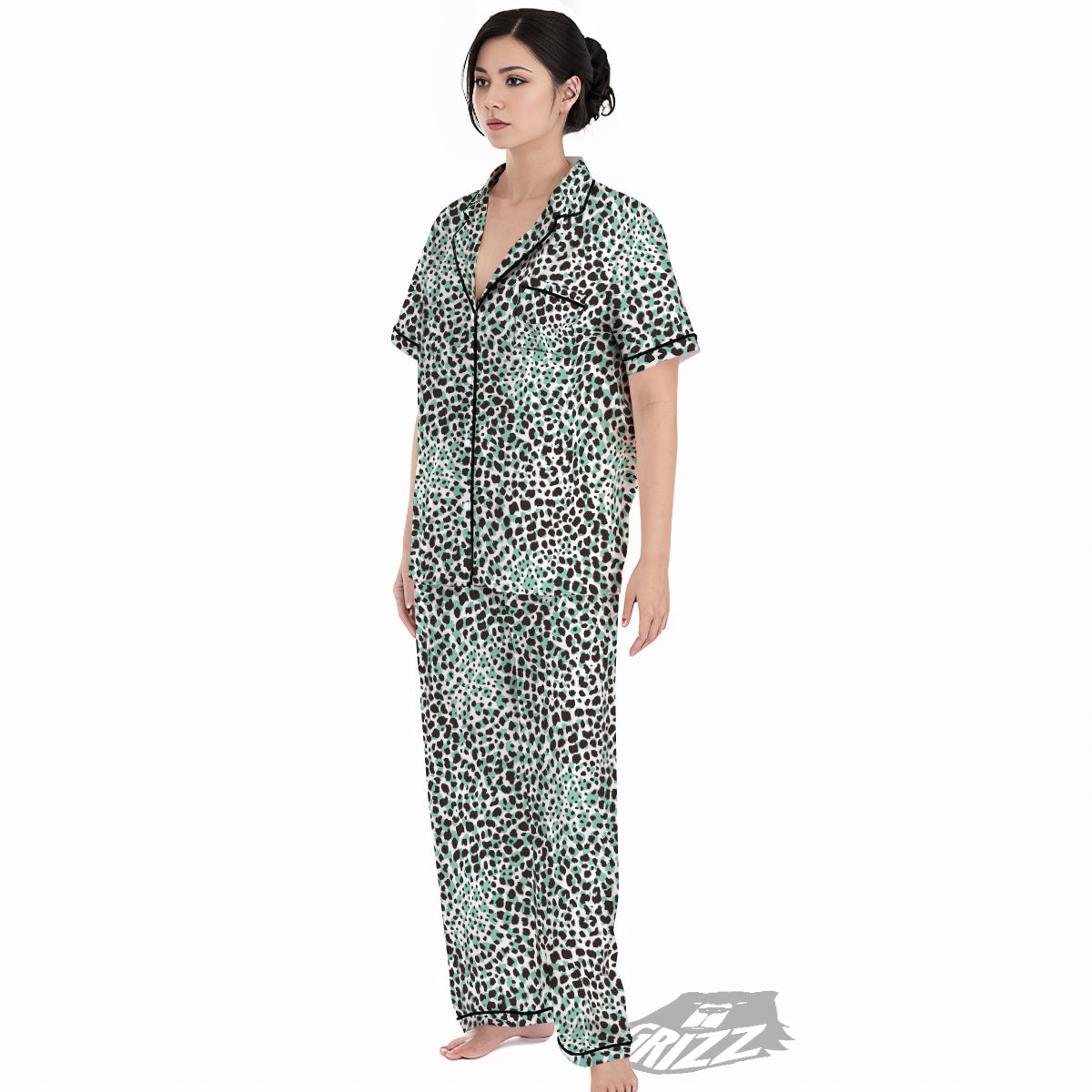 Leopard Teal And White Print Pattern Women's Pajamas Set-grizzshop