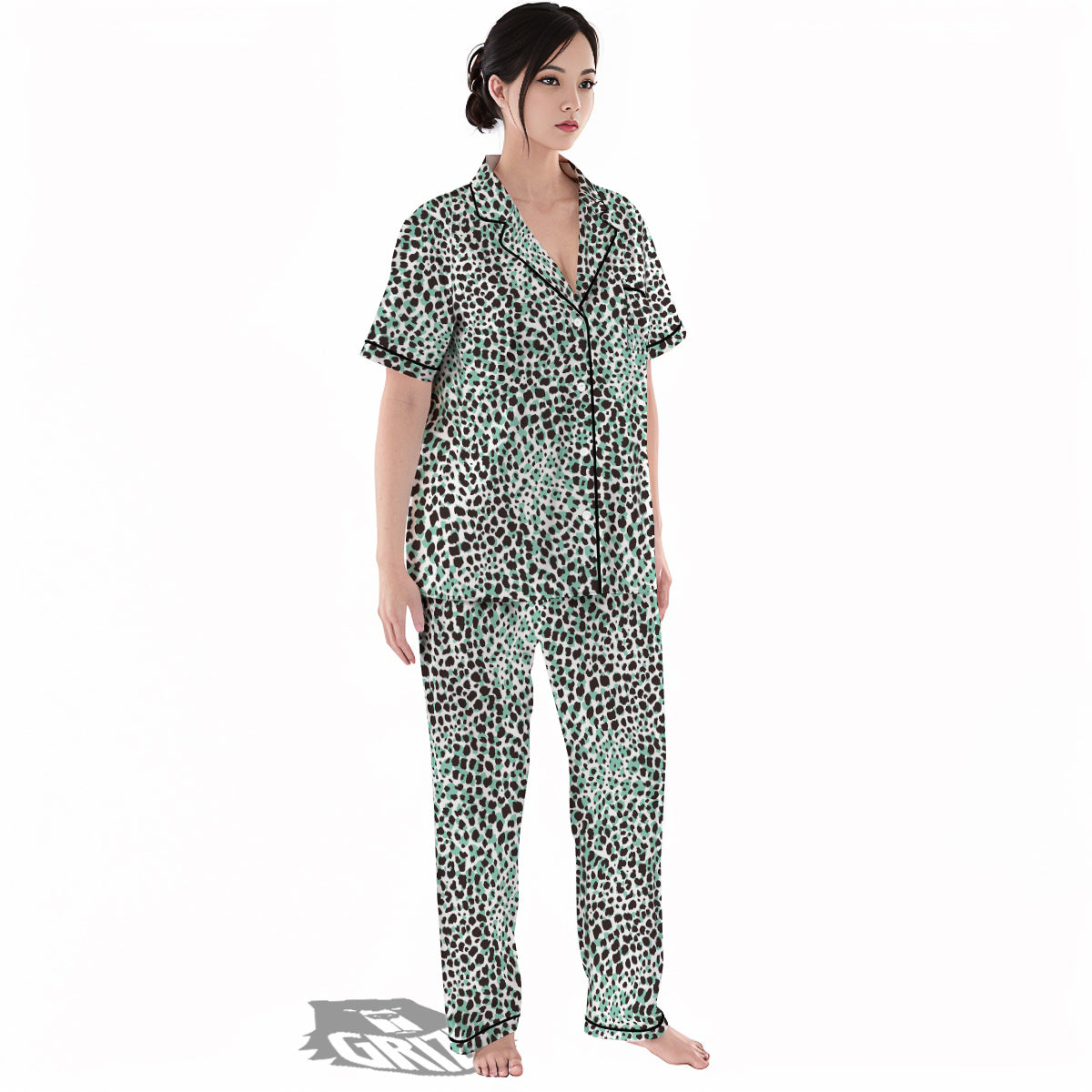 Leopard Teal And White Print Pattern Women's Pajamas Set-grizzshop