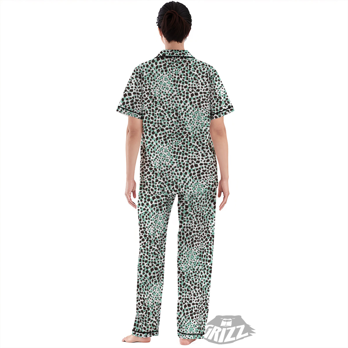 Leopard Teal And White Print Pattern Women's Pajamas Set-grizzshop