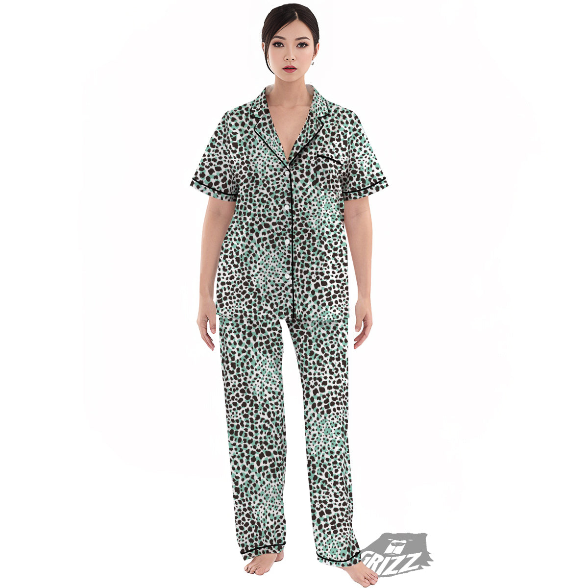 Leopard Teal And White Print Pattern Women's Pajamas Set-grizzshop