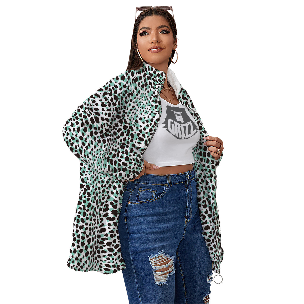 Leopard Teal And White Print Pattern Women's Sherpa Jacket-grizzshop