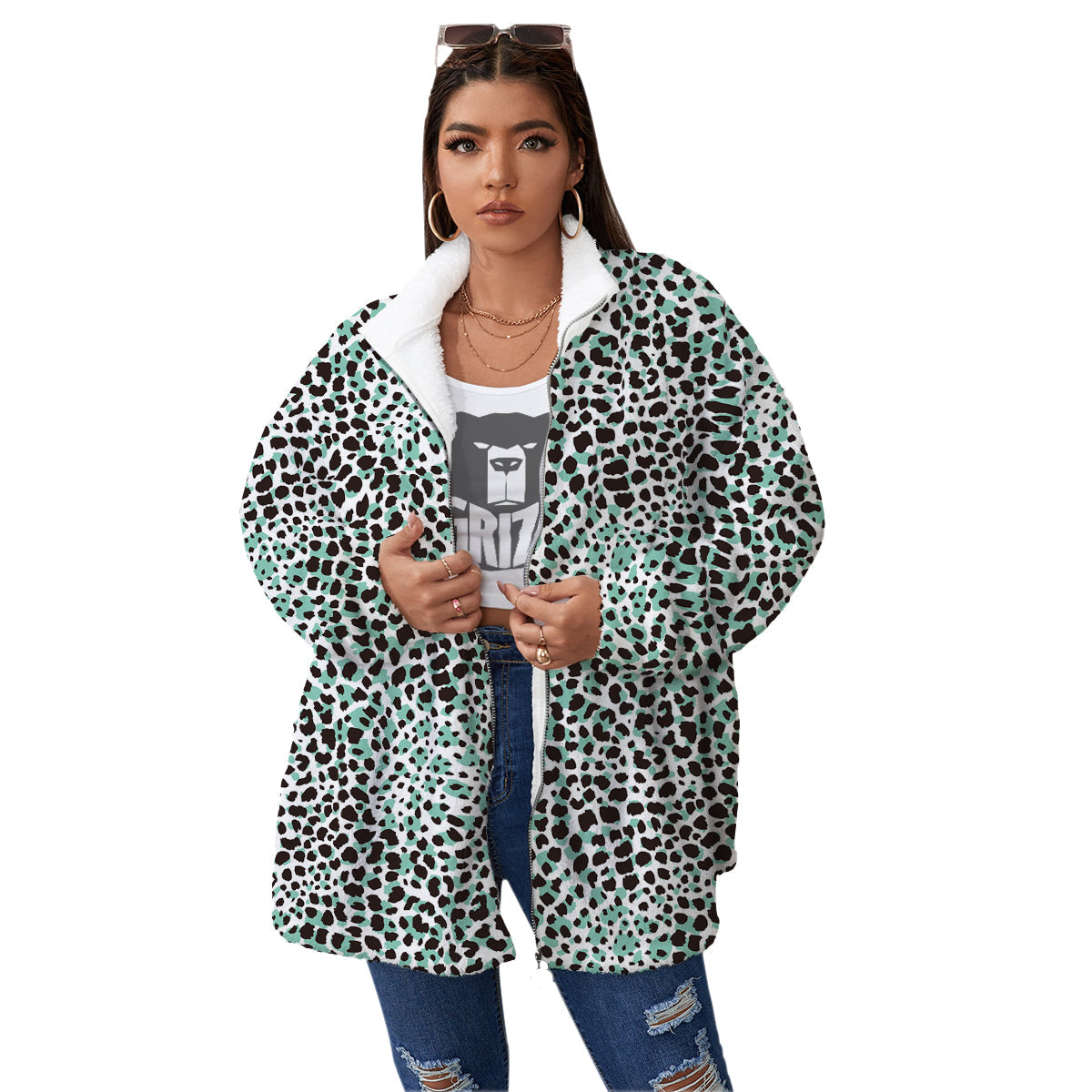 Leopard Teal And White Print Pattern Women's Sherpa Jacket-grizzshop