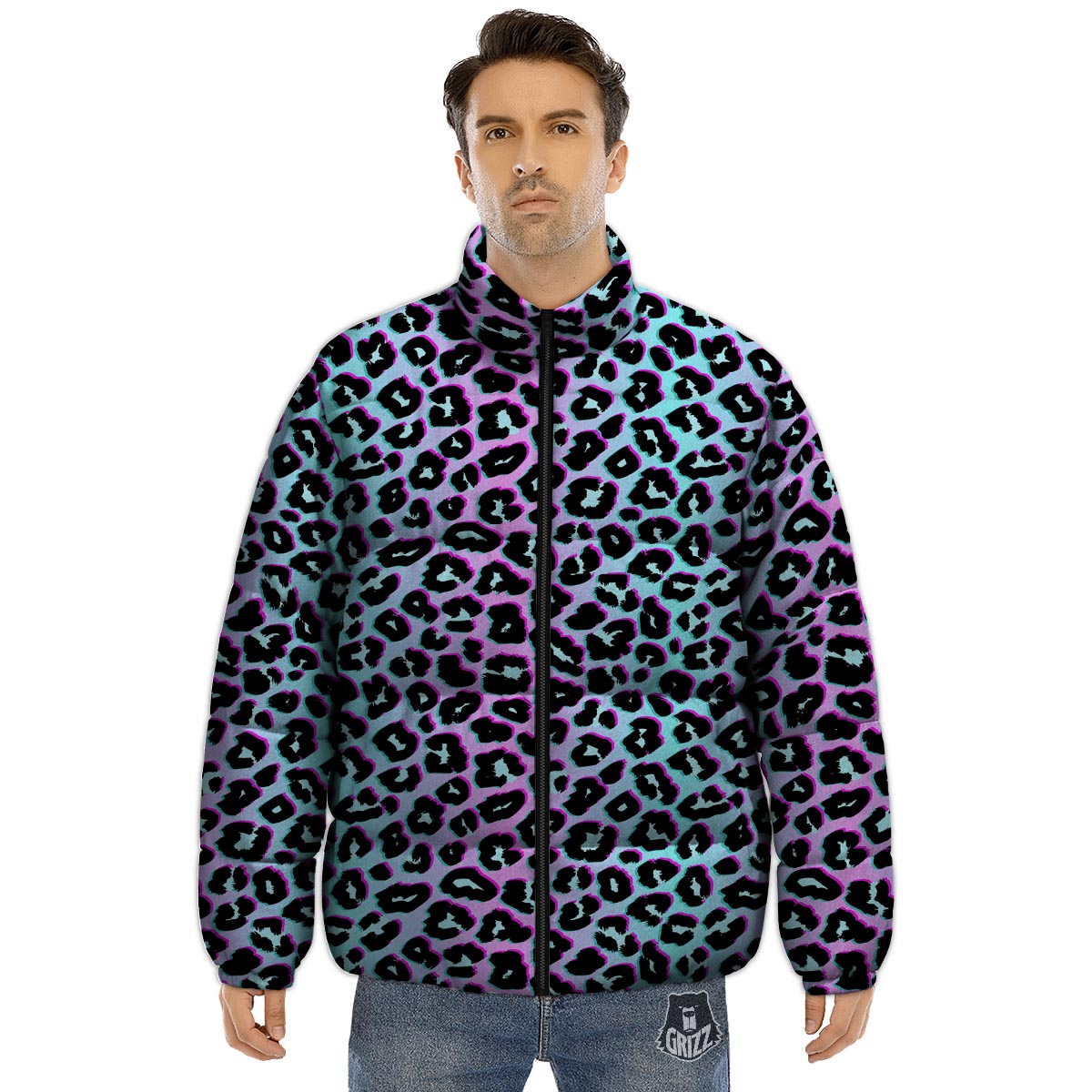Leopard Trippy Psychedelic Print Pattern Puffer Jacket-grizzshop