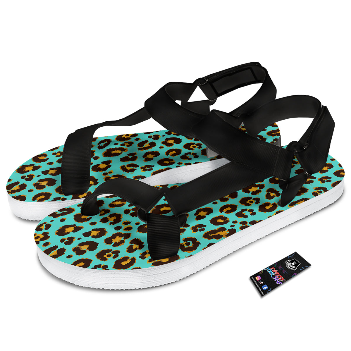 Leopard Turquoise Print Pattern Black Open Toe Sandals-grizzshop