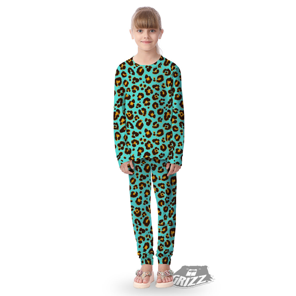 Leopard Turquoise Print Pattern Kid's Pajamas-grizzshop