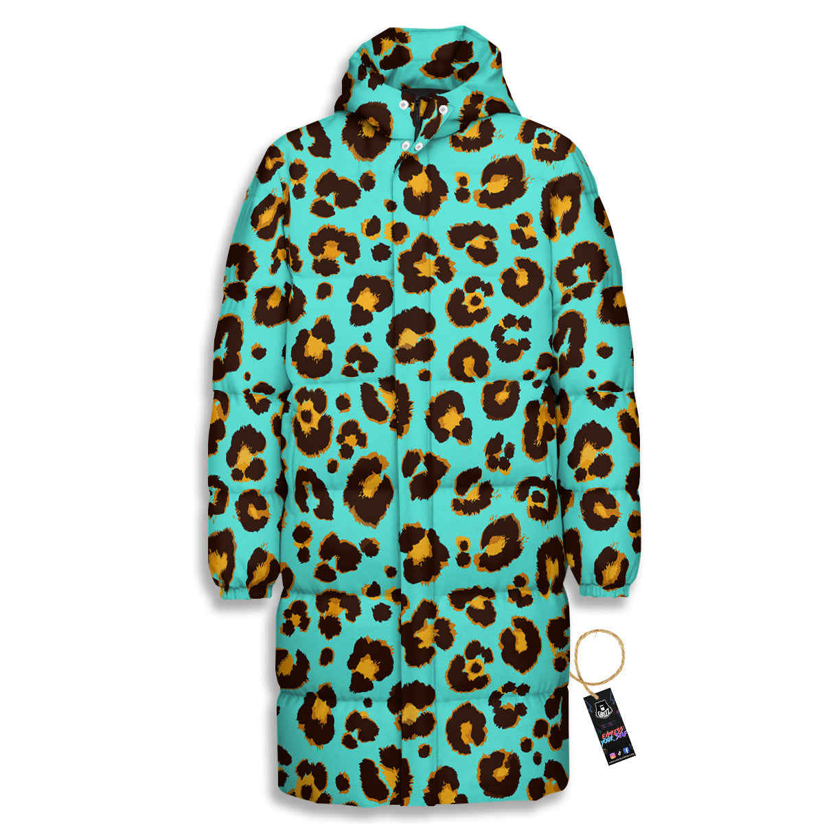 Leopard Turquoise Print Pattern Long Down Jacket-grizzshop