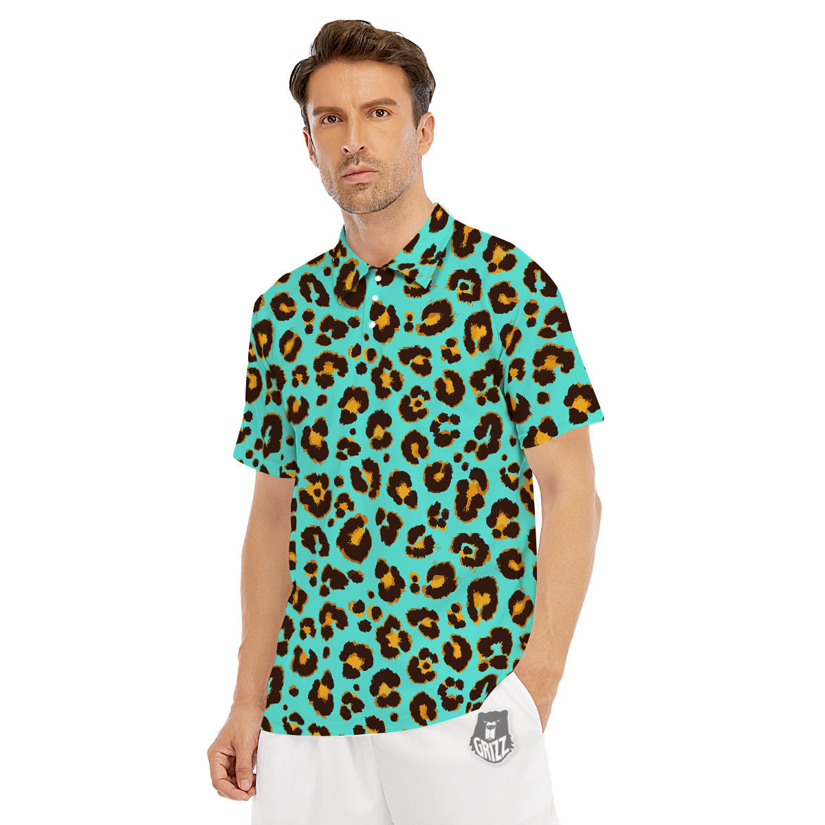 Leopard Turquoise Print Pattern Men's Golf Shirts-grizzshop