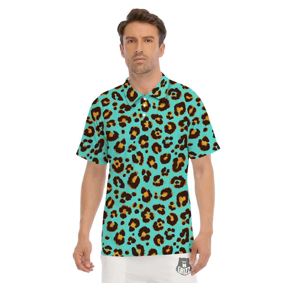 Leopard Turquoise Print Pattern Men's Golf Shirts-grizzshop