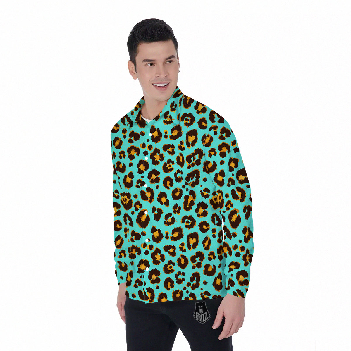 Leopard Turquoise Print Pattern Men's Long Sleeve Shirts-grizzshop