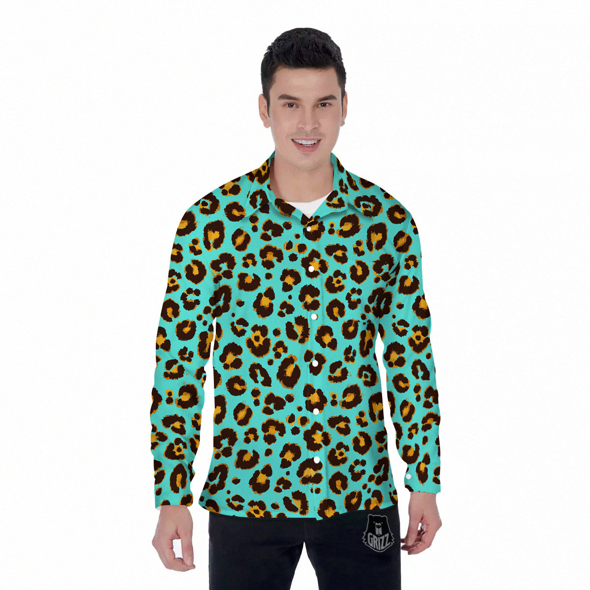 Leopard Turquoise Print Pattern Men's Long Sleeve Shirts-grizzshop