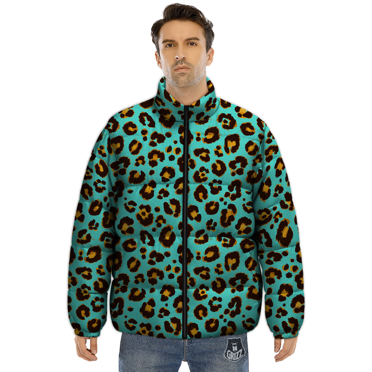 Leopard Turquoise Print Pattern Puffer Jacket-grizzshop