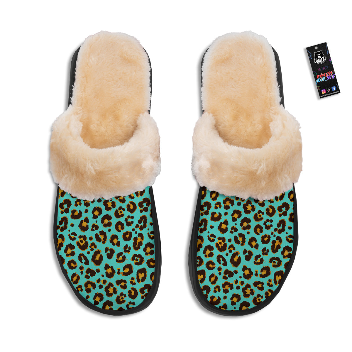 Leopard Turquoise Print Pattern Slippers-grizzshop