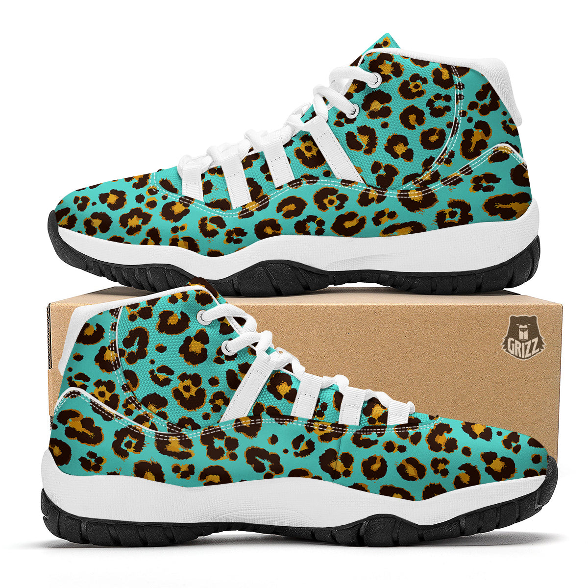 Leopard Turquoise Print Pattern White Bball Shoes-grizzshop