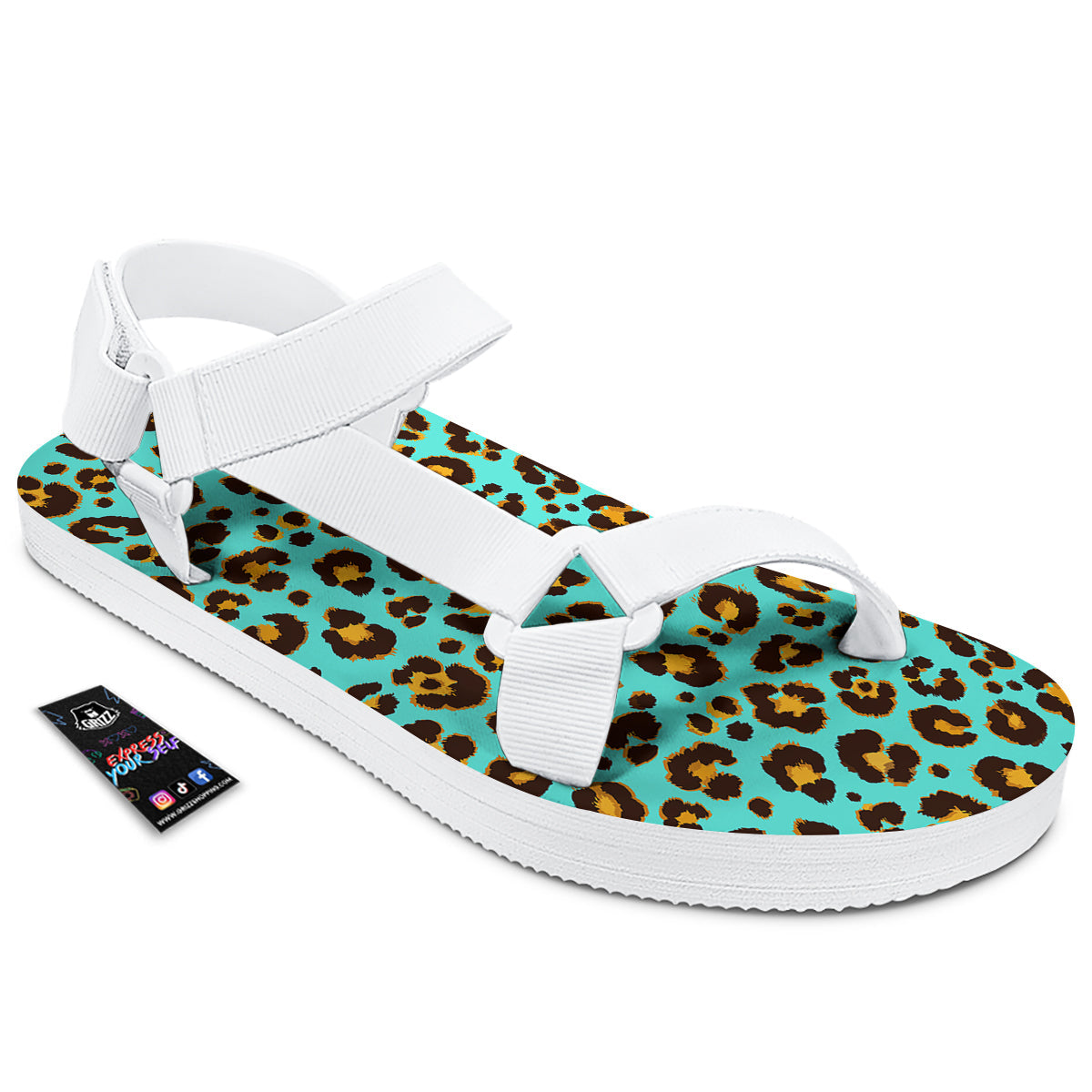 Leopard Turquoise Print Pattern White Open Toe Sandals-grizzshop