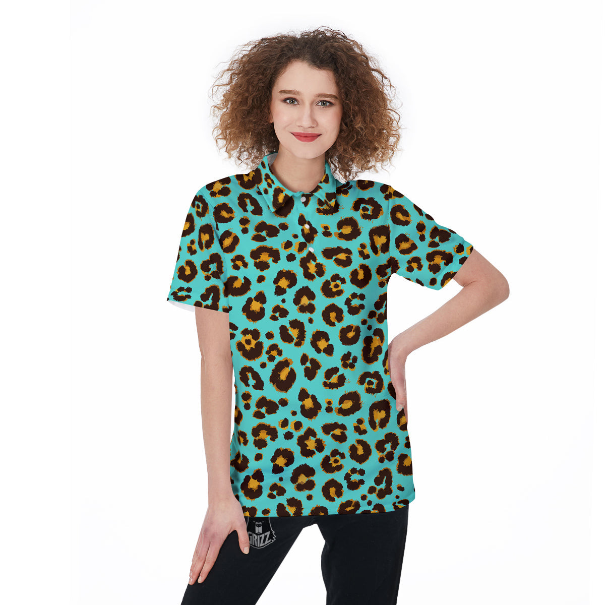 Leopard Turquoise Print Pattern Women's Golf Shirts-grizzshop