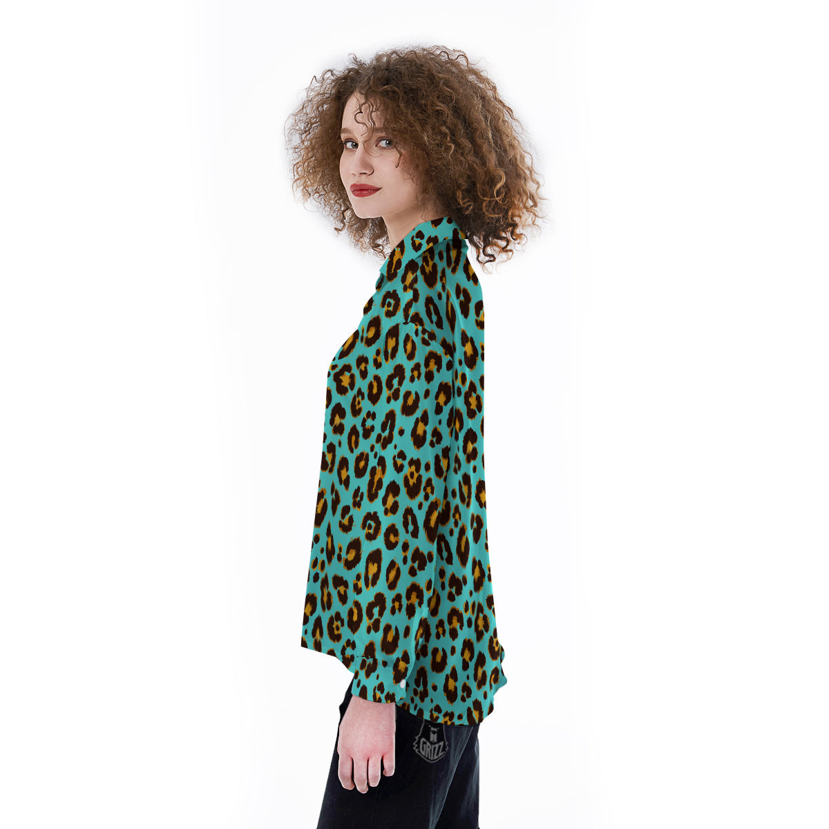 Leopard Turquoise Print Pattern Women's Long Sleeve Shirts-grizzshop