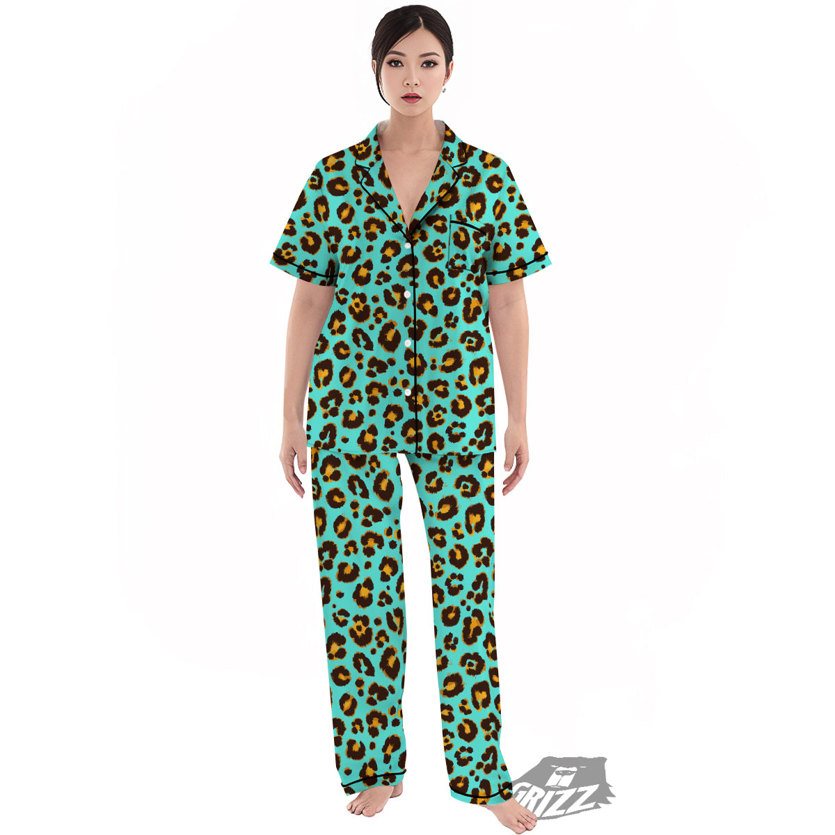 Leopard Turquoise Print Pattern Women's Pajamas Set-grizzshop