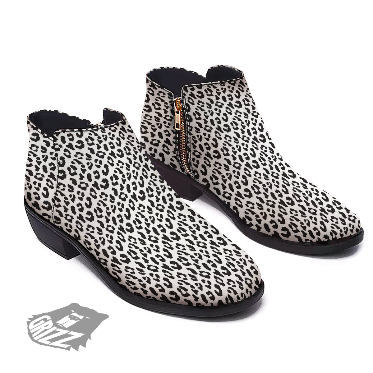 Leopard White Print Pattern Ankle Boots-grizzshop