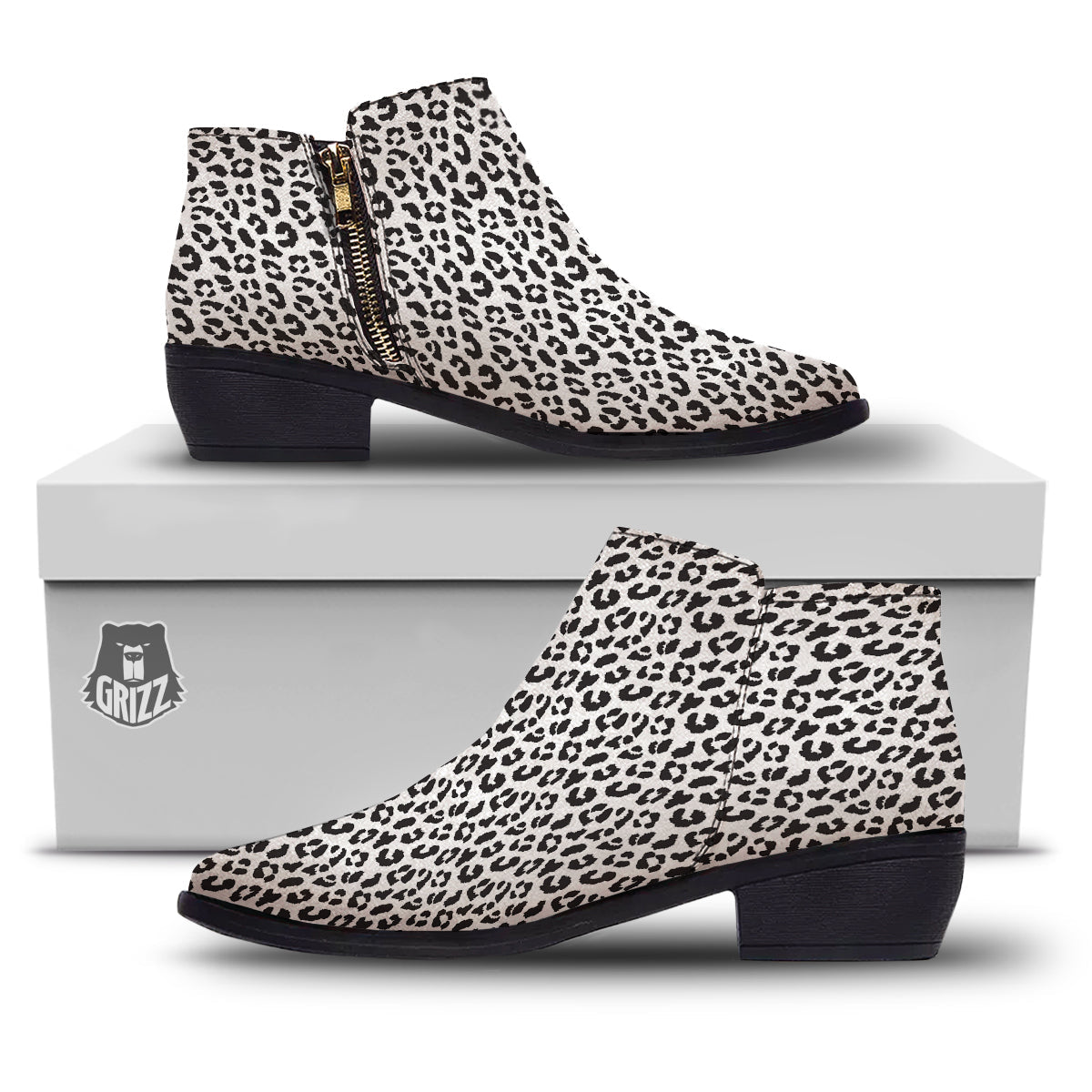 Leopard White Print Pattern Ankle Boots-grizzshop