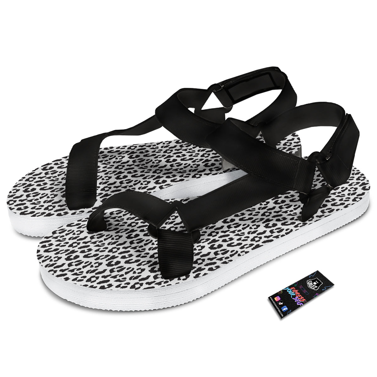 Leopard White Print Pattern Black Open Toe Sandals-grizzshop