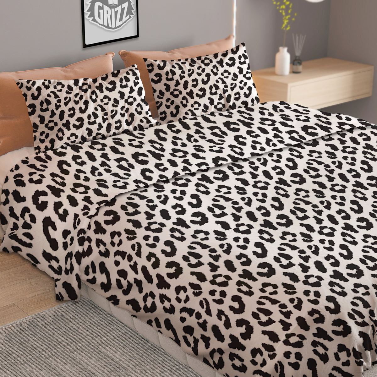 Leopard White Print Pattern Duvet Cover Bedding Set