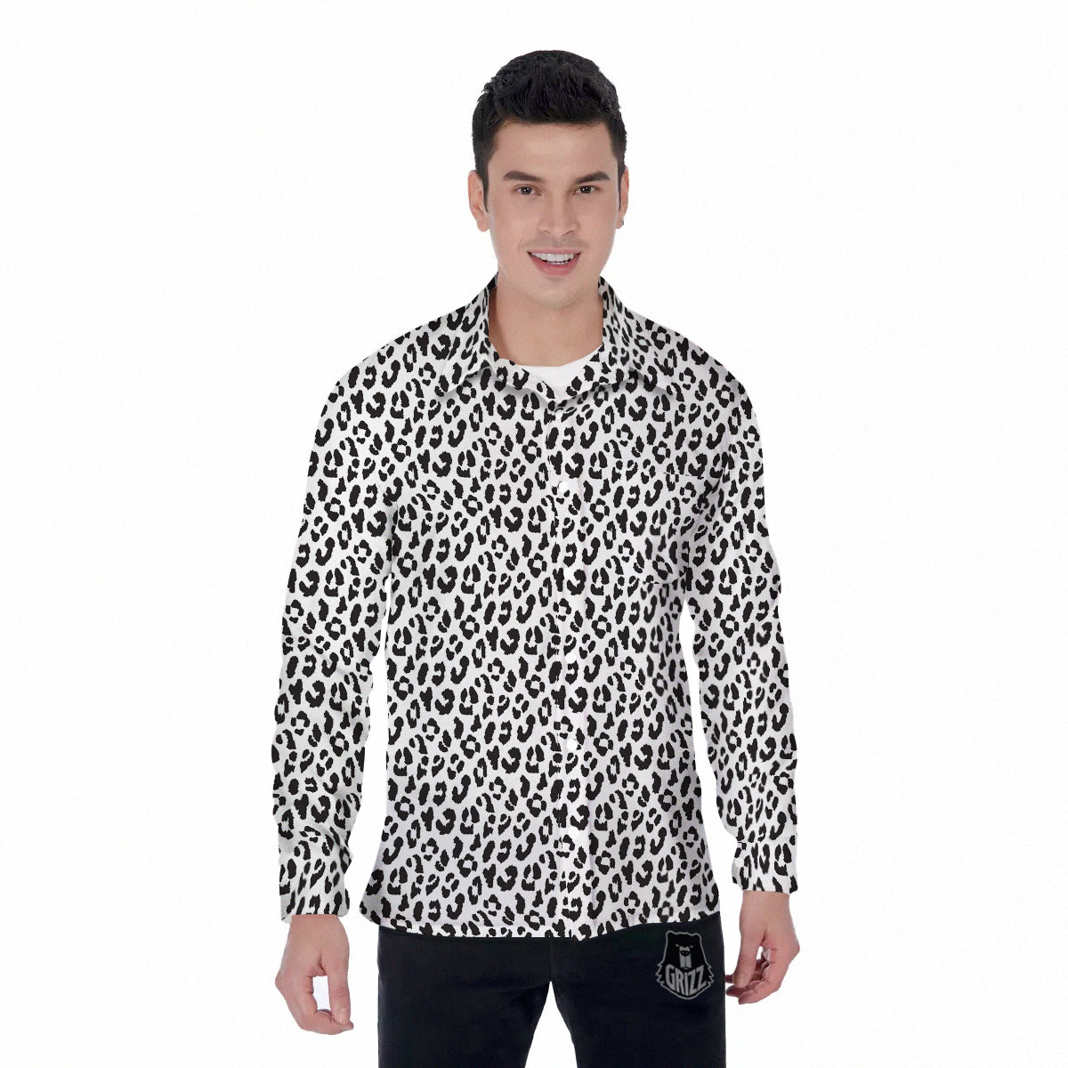 Leopard White Print Pattern Men's Long Sleeve Shirts-grizzshop