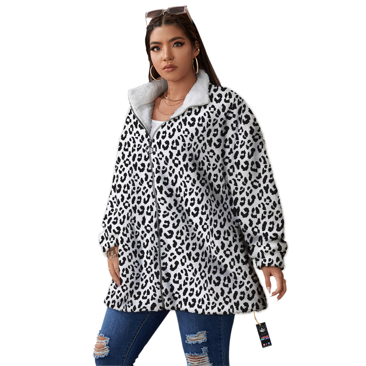 Leopard White Print Pattern Women's Sherpa Jacket-grizzshop