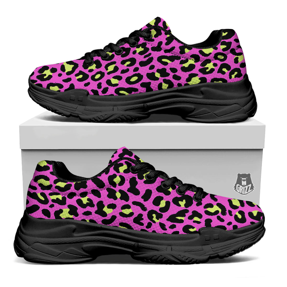 Leopard Yellow And Pink Print Black Chunky Shoes-grizzshop