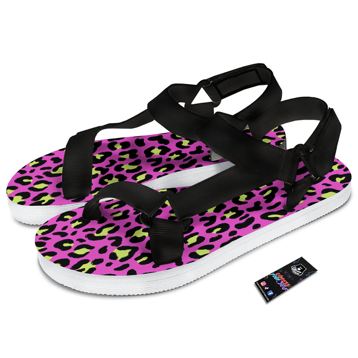 Leopard Yellow And Pink Print Black Open Toe Sandals-grizzshop