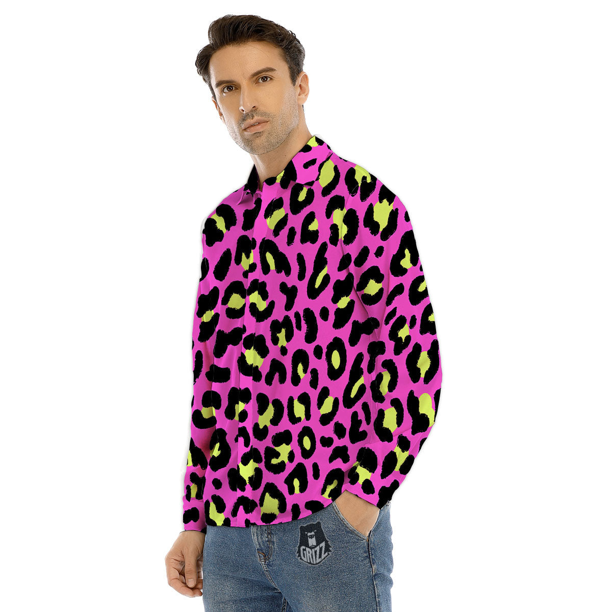 Leopard Yellow And Pink Print Men's Dress Shirts-grizzshop