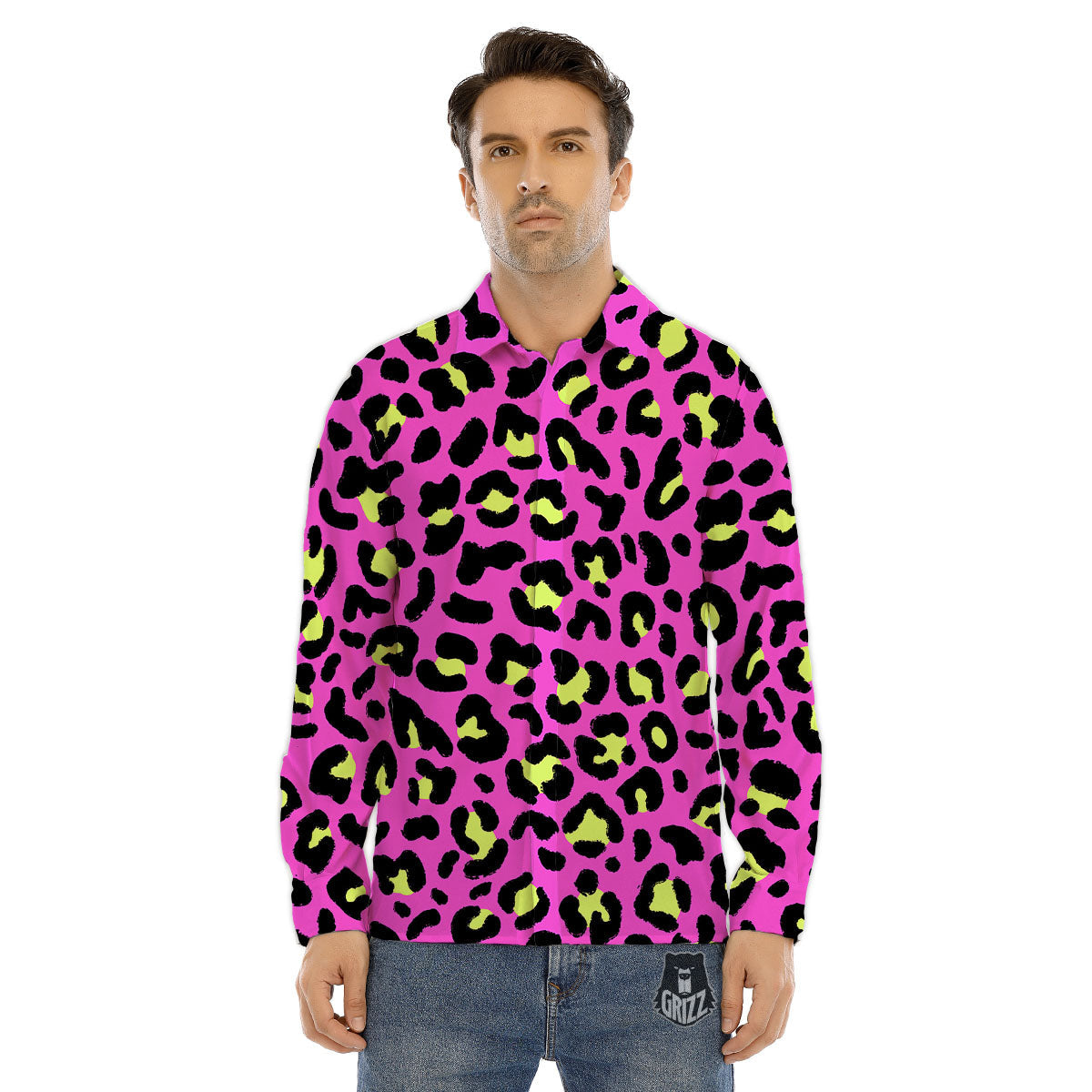 Leopard Yellow And Pink Print Men's Dress Shirts-grizzshop