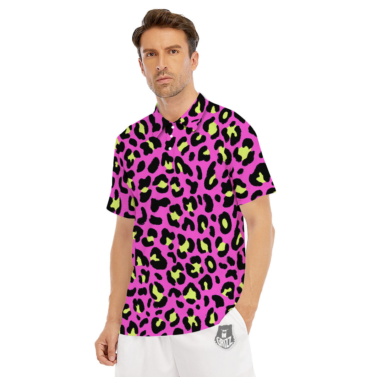 Leopard Yellow And Pink Print Men's Golf Shirts-grizzshop